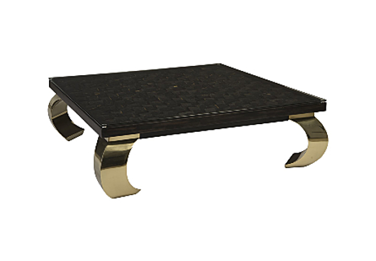 Picture of DISTRESSED BLOCKS COFFEE TABLE WOOD, GLASS, PLATED BRASS MING LEGS, BLACK WITH GOLD LEAF, SM