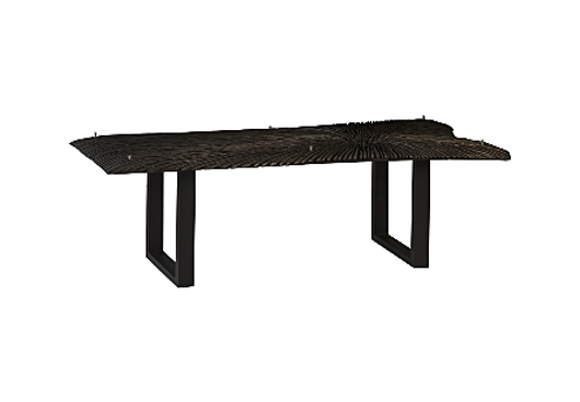 Picture of CHAINSAW DINING TABLE WITH GLASS CHAMCHA WOOD, BURNT BLACK, BLACK IRON U LEGS