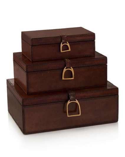 Picture of SET OF THREE LACQUERED HAZEL LEATHER BOXES
