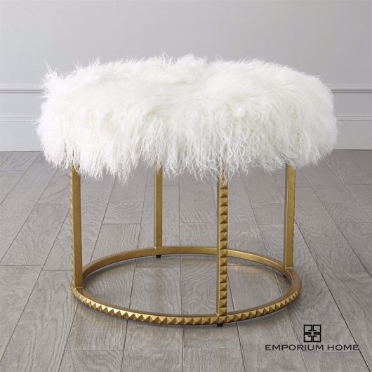 Picture of STUD POUF-GOLD LEAF-WHITE FUR